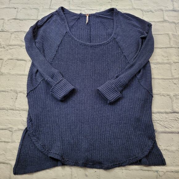 Free People Navy Waffle Thermal Boho Tunic with Fraying size Medium - Picture 14 of 16